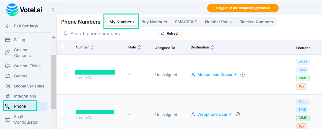 Switching Destinations- Phone  My Numbers.